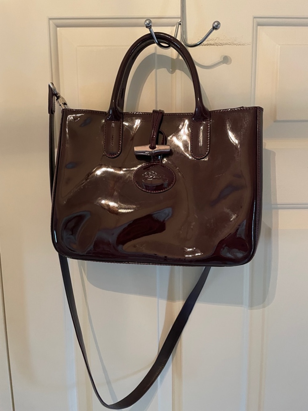 Longchamp Glossy Patent Satchel in Deep Brown